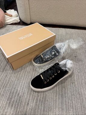 Michael Kors Black Velvet Ribbon Lace Sneakers with Gold Accents